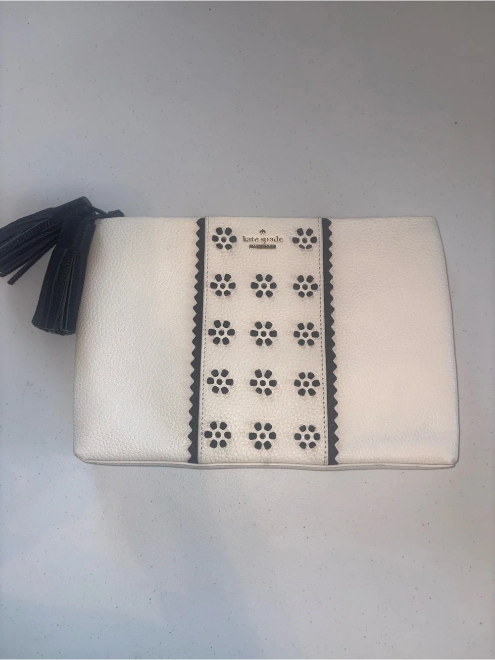 kate spade White and Black Leather Tote with Matching Pouch